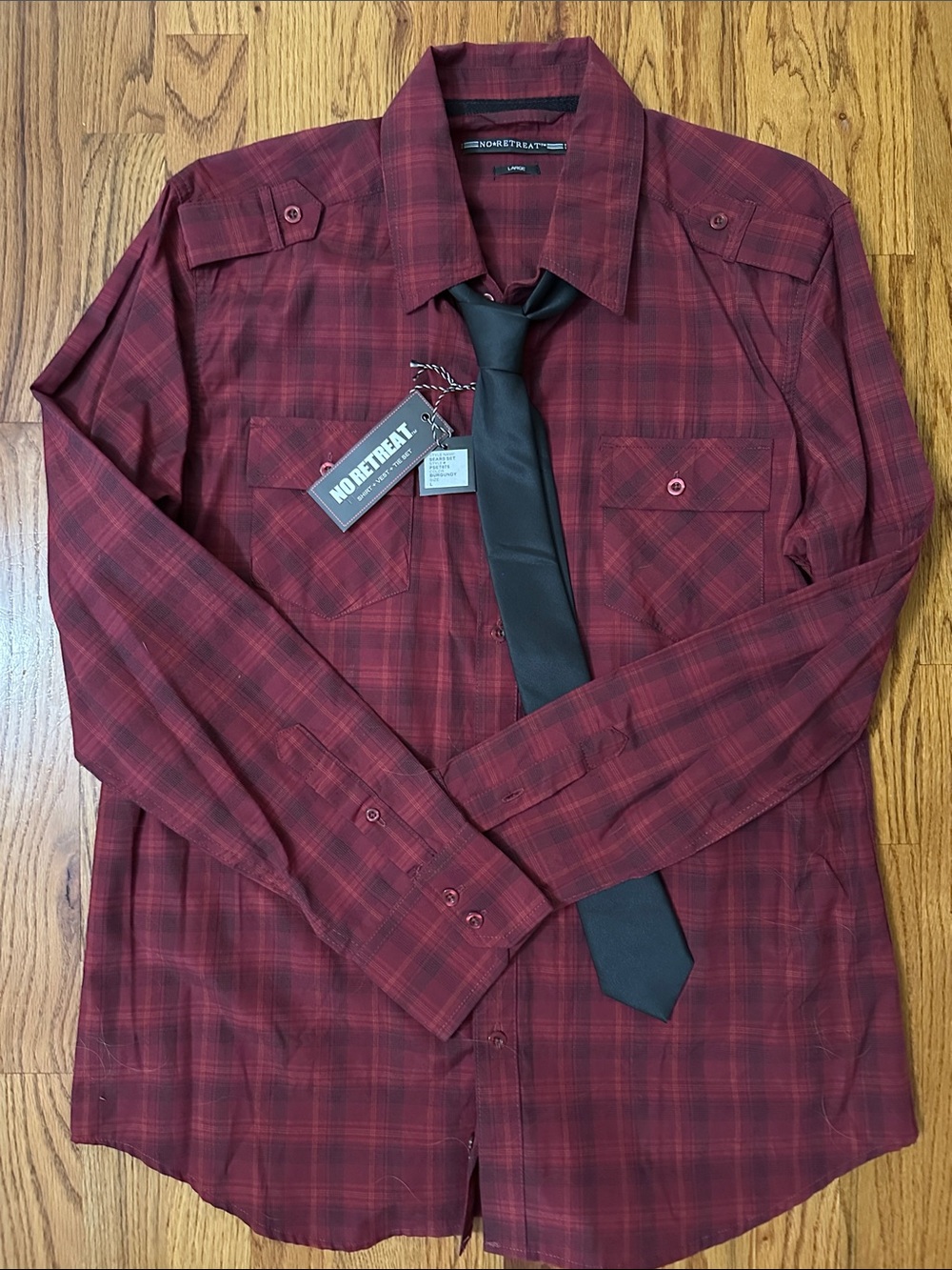 NWT Men's Red Plaid Button-Up Shirt with removable black tie